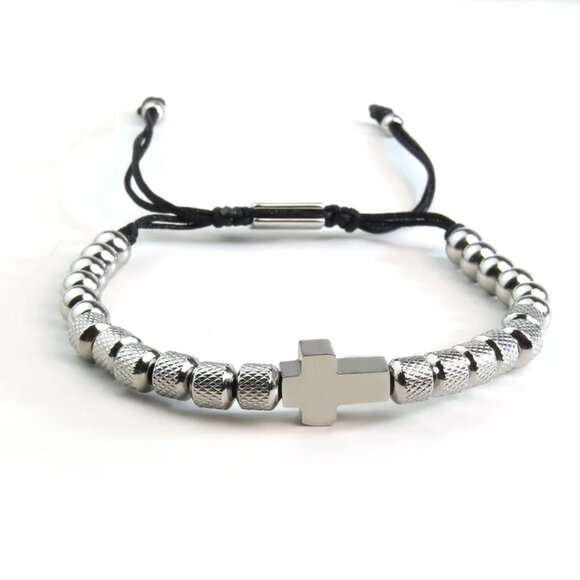 3/$35 Men's Adjustable Cross Bracelet Stainless Steel Silver Beaded Jewelry - Picture 8 of 8